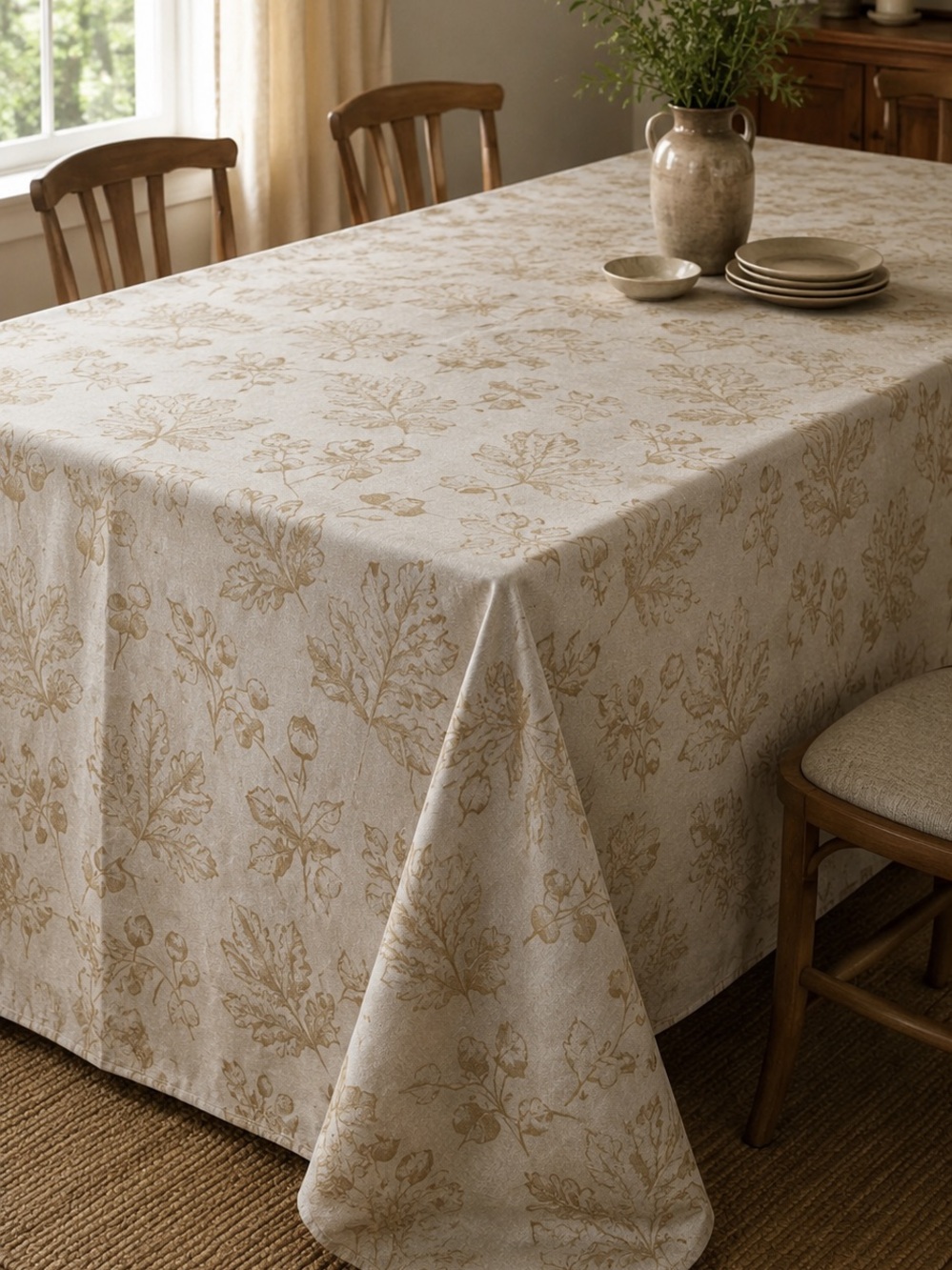 Crate&Barrel Jacquard Beige Floral Botanical Tablecloth 100% Cotton 60”x 108”